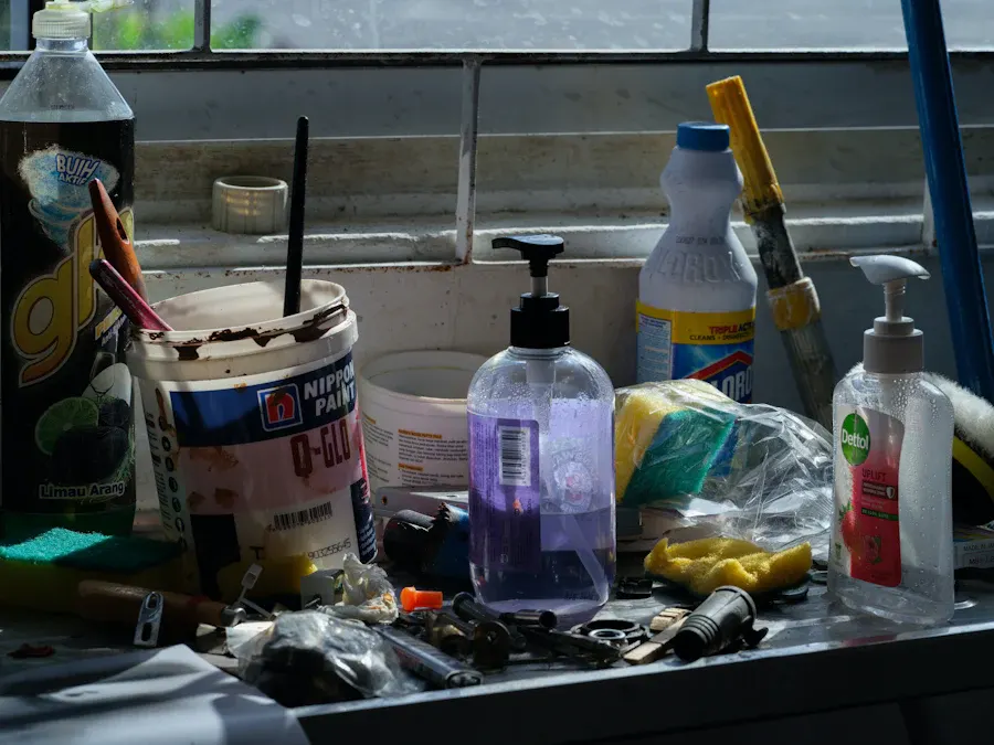 Cleaning supplies on a counter