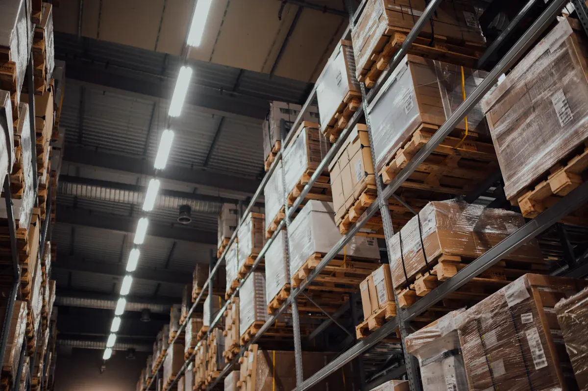 Cartons stacked on a metal rack