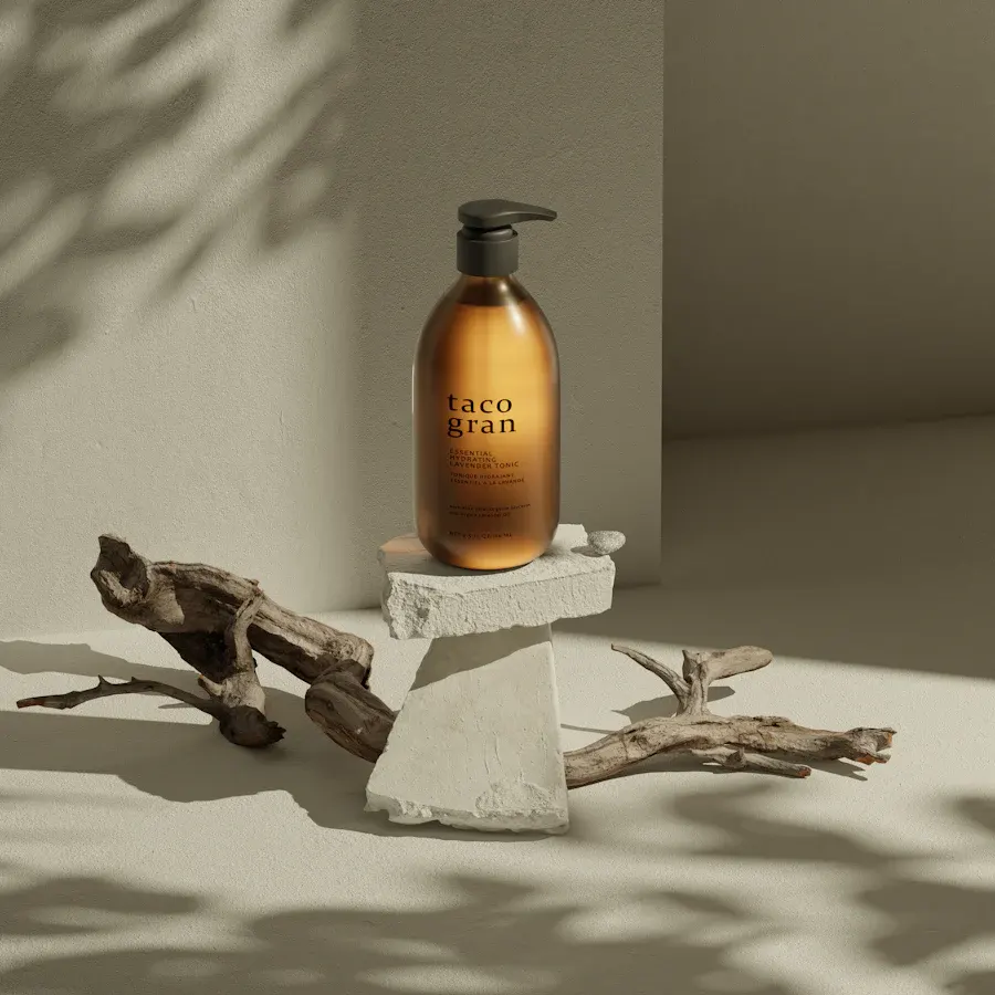 A bottle of soap on driftwood